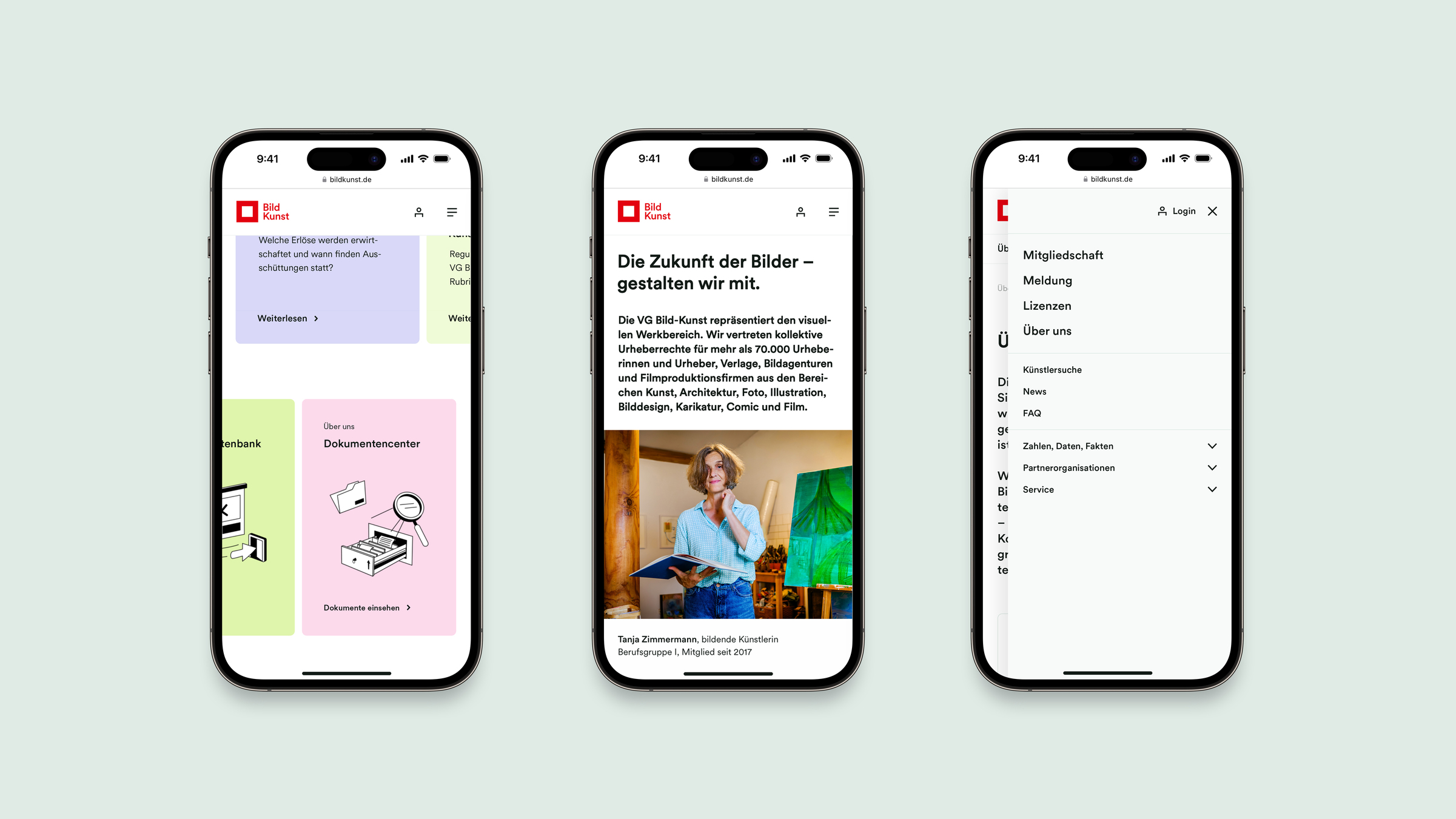 Mobile Website UI/UX der VG Bild-Kunst
