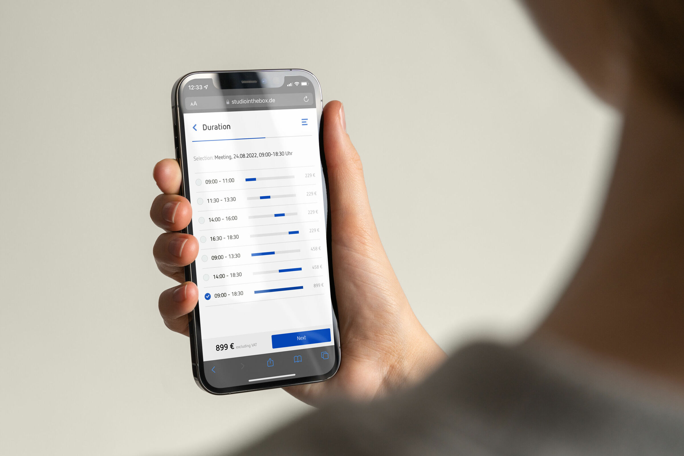 UI UX der Website zur Buchung des Studio in the Box