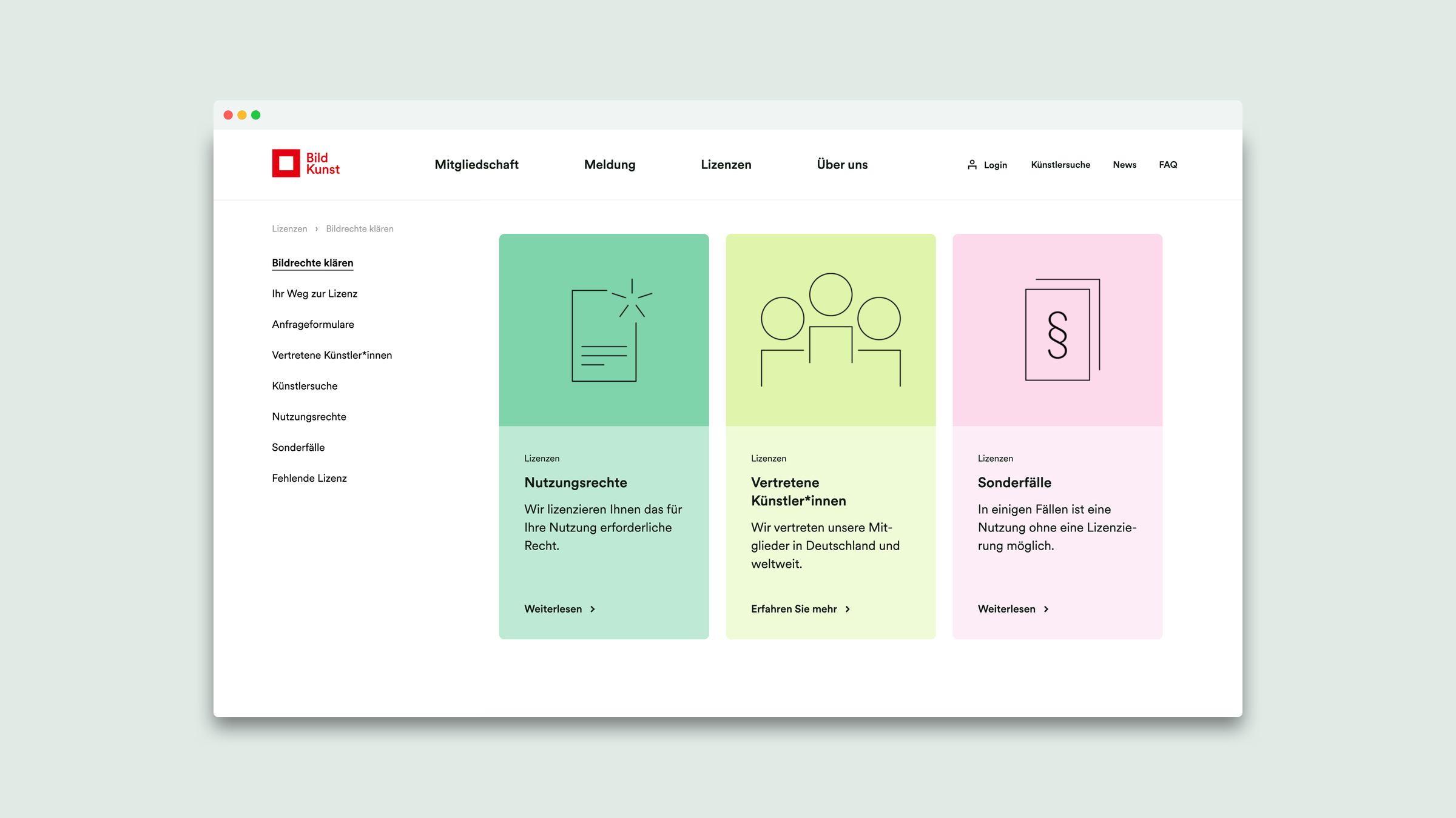 Website UI/UX der VG Bild-Kunst