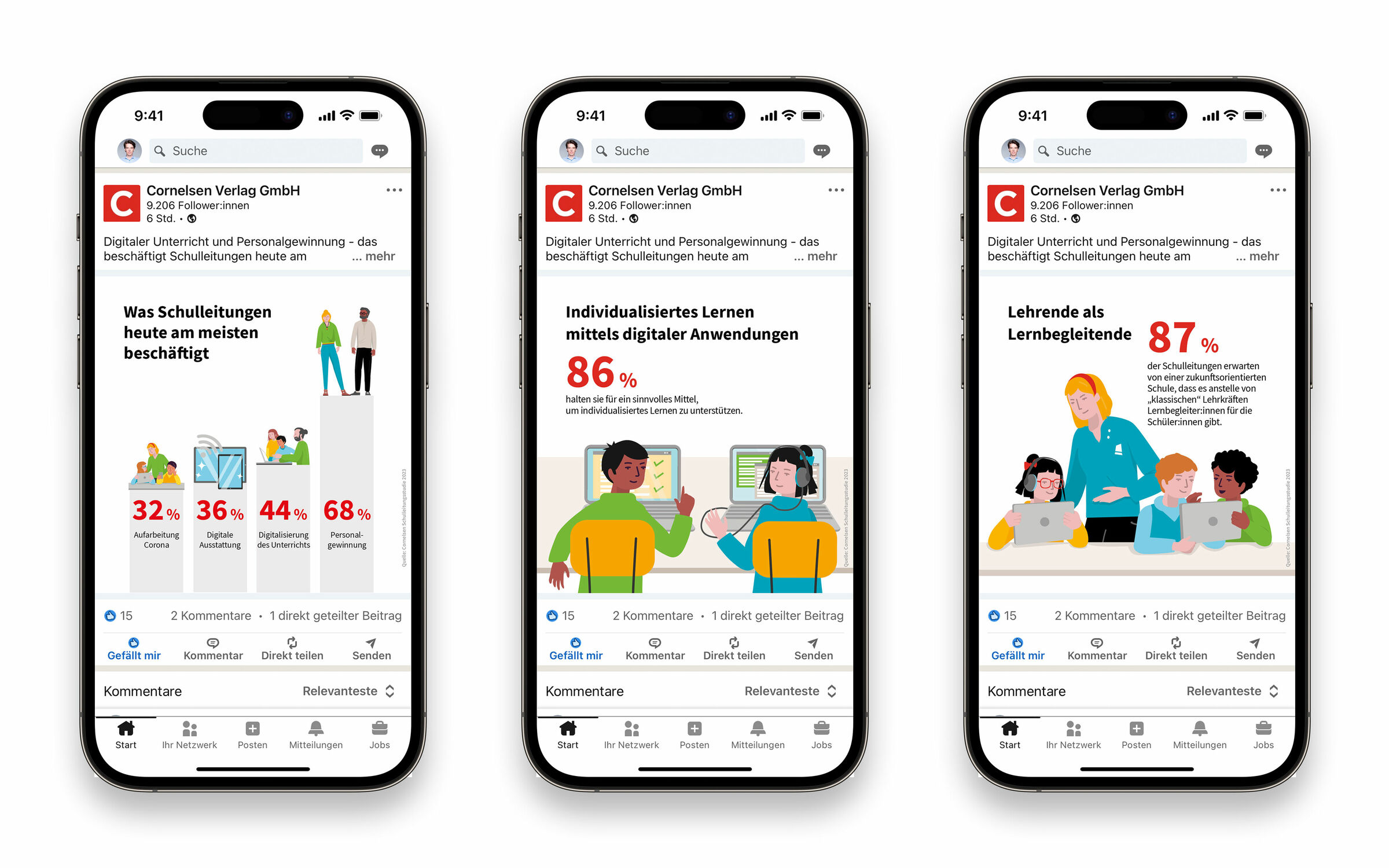 Einsatz des Corporate Illustrationsstil in den Social Media Kanälen des Cornelsen Verlag