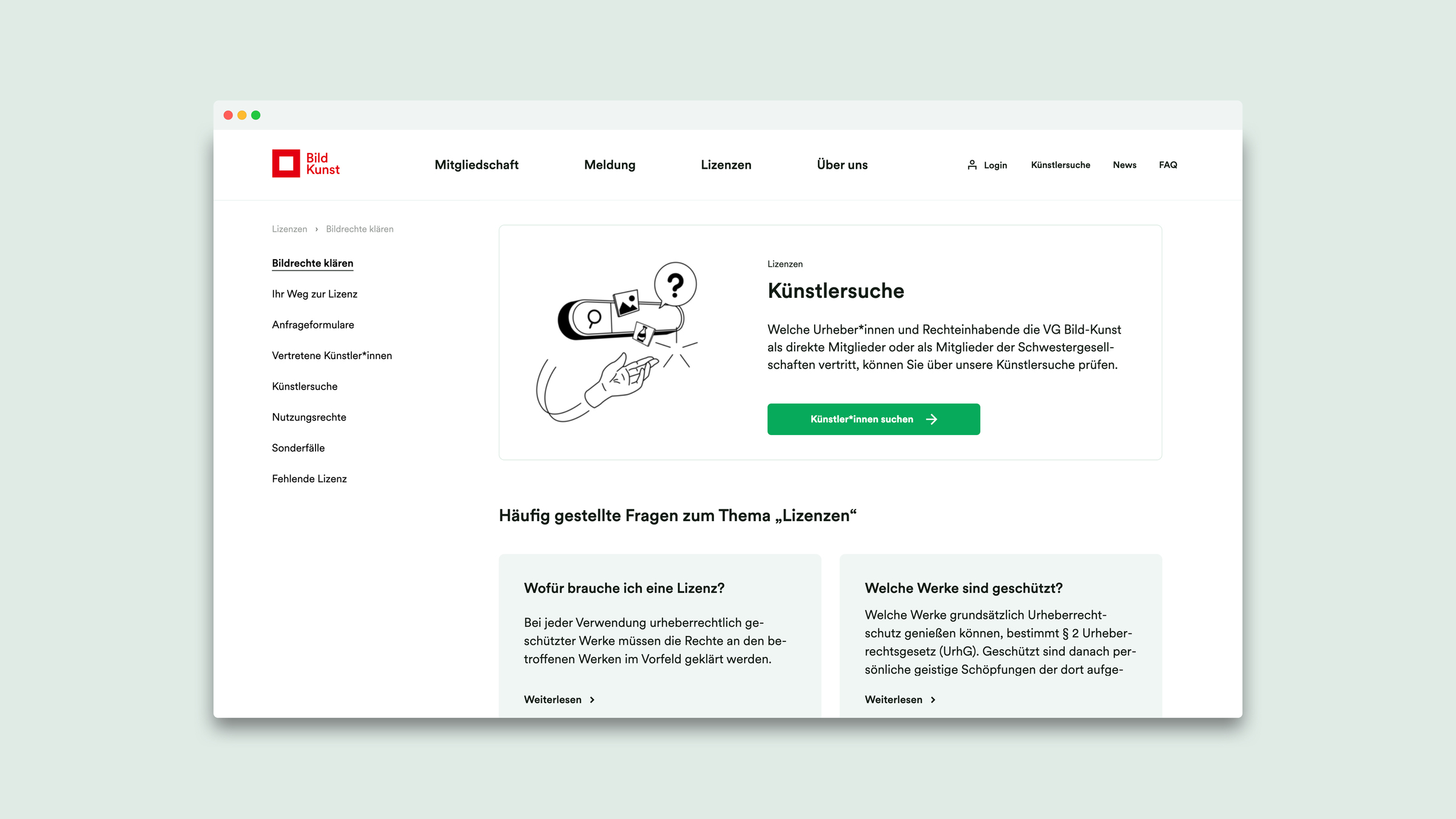 Website UI/UX der VG Bild-Kunst
