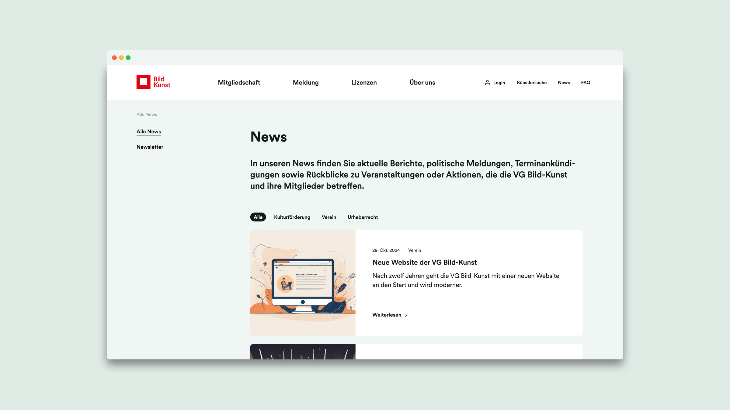 Website UI/UX der VG Bild-Kunst