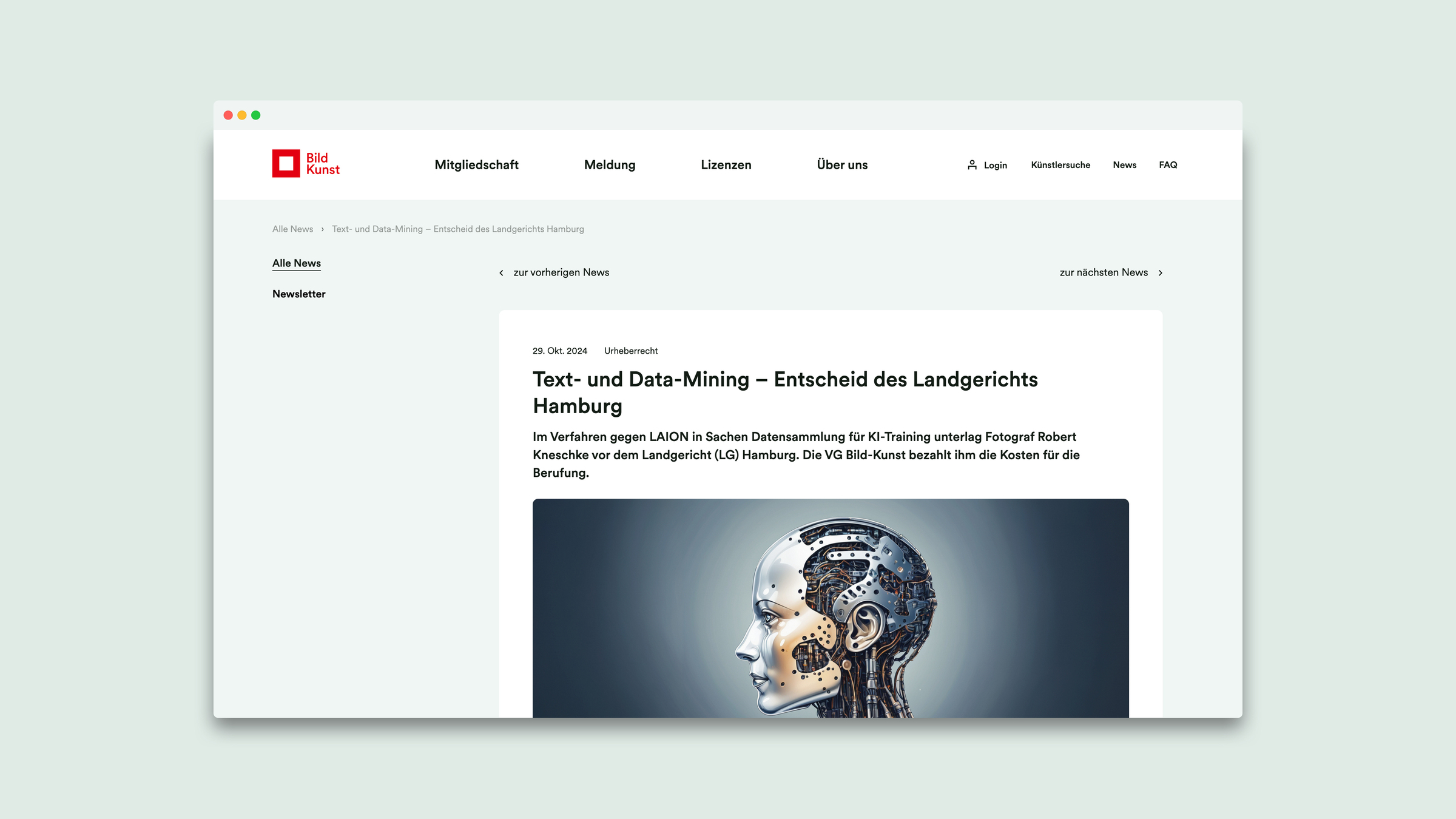 Website UI/UX der VG Bild-Kunst