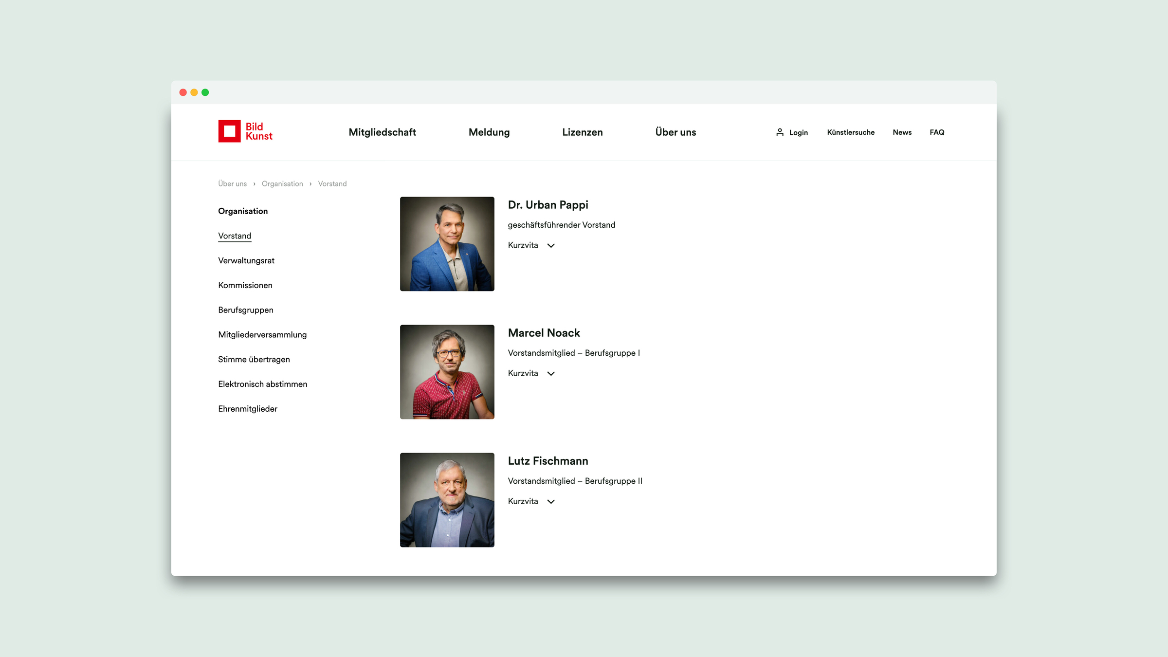 Website UI/UX der VG Bild-Kunst